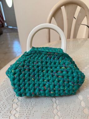 Handcrafted Teal Crochet Mini Bag with White Handles